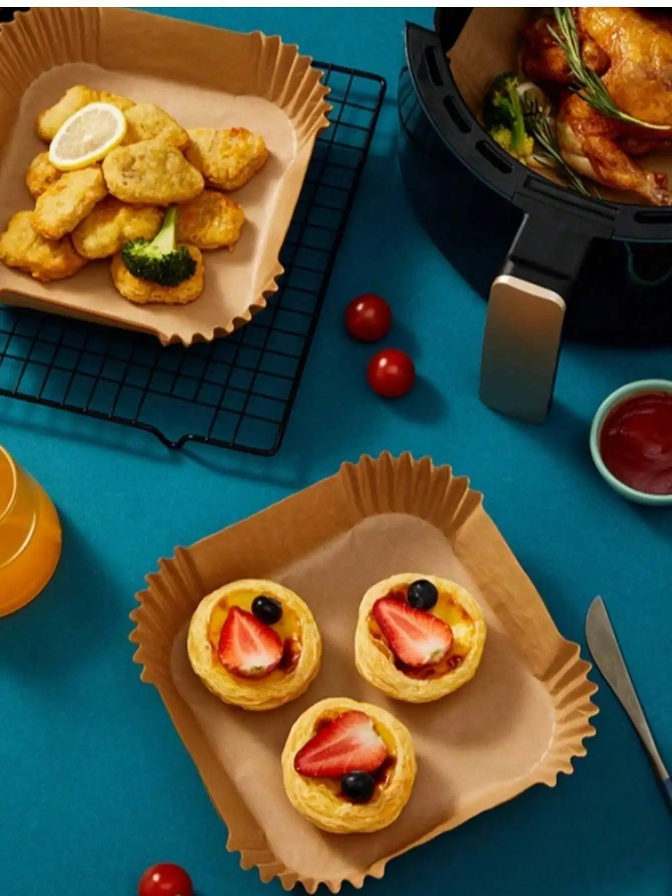 Papel para forrar fritadeira a ar, 100 peças, papel antiaderente, adequado para assar, forno e micro-ondas - fácil de limpar