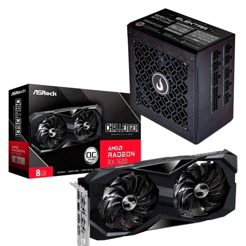 Placa de Vídeo RX 7600 Challenger ASRock + Fonte Gamer Rise Mode Elektra, 650W