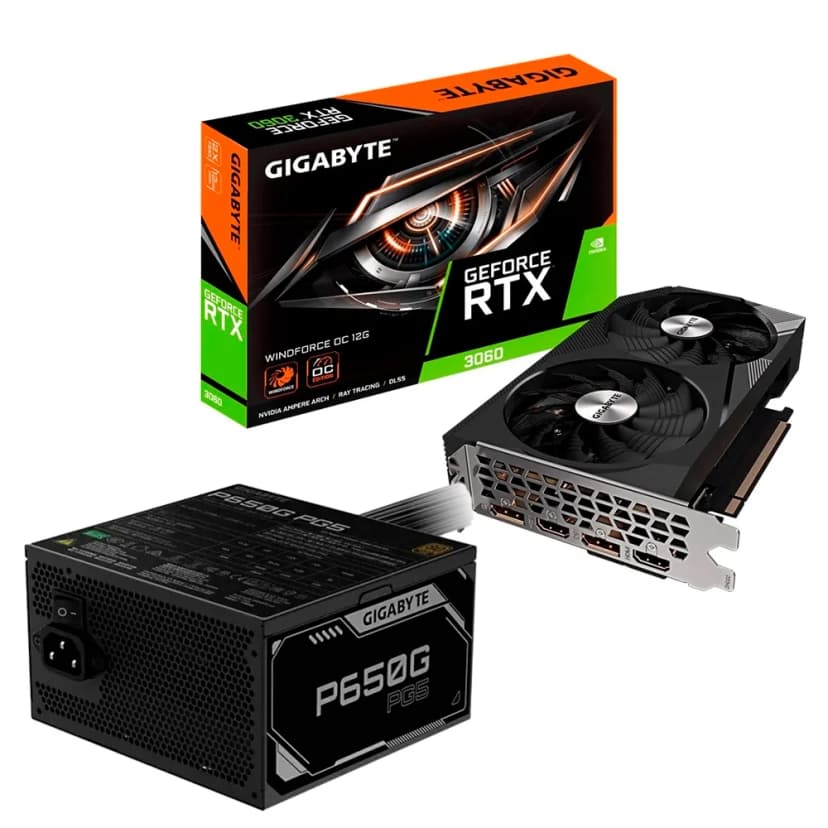 Placa de Vídeo RTX 3060 Windforce OC 12G (rev. 2.0) Gigabyte + Fonte Gigabyte P650g Pg5, 650w, 80 Plus