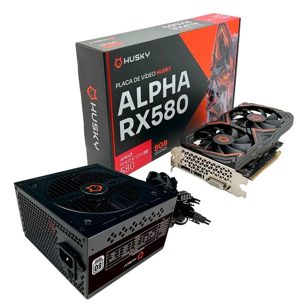 Placa De Vídeo Husky Alpha RX 580 + Fonte Husky Sledger 550w, 80 Plus White