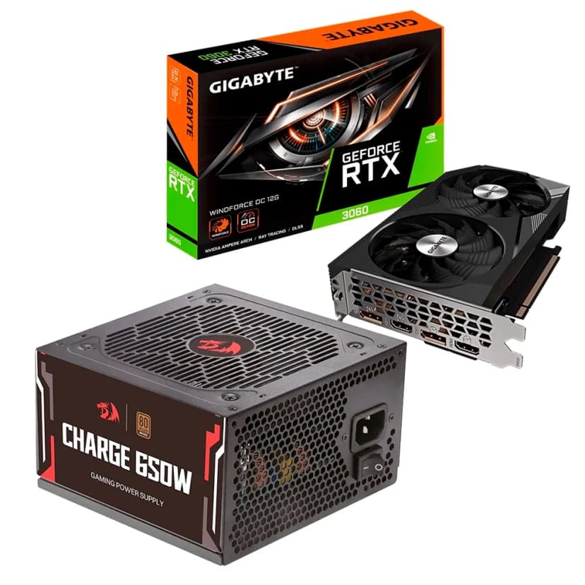 Placa de Vídeo RTX 3060 Windforce OC 12G (rev. 2.0) Gigabyte + Fonte Gamer Redragon Charge, 650w, 80 Plus Bronze
